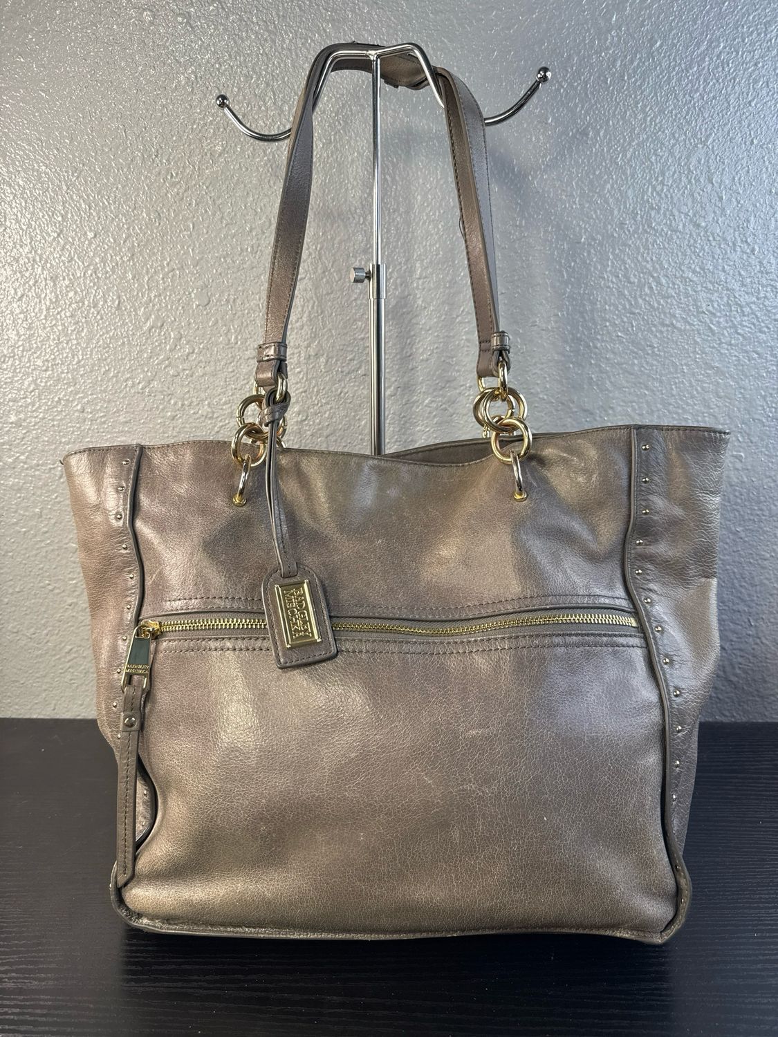 Badgley Mishka, Cement, Gray Leather With Gold Micro Studded Detail Shoulder Bag
