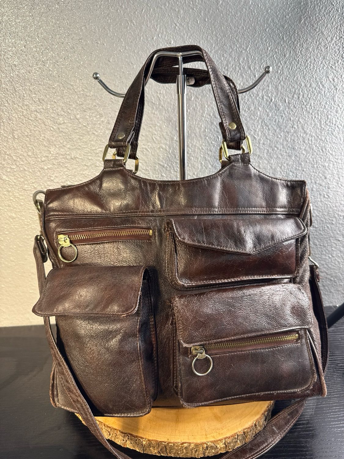 Unbranded Vantage 1960S 1970S Brown Leather Multi Pocket Handbag Or Shoulder Bag