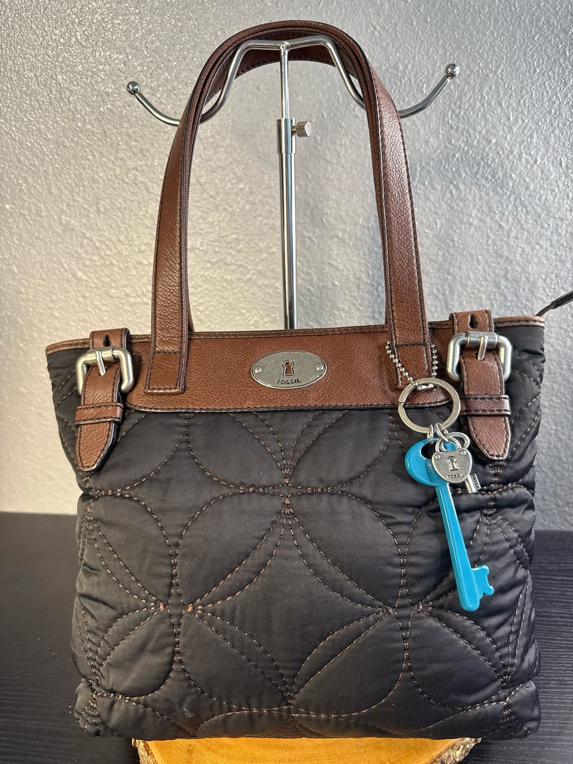 Fossil Key-Per Black, Quilted, Nylon And Brown Leather Trim Tote Purse