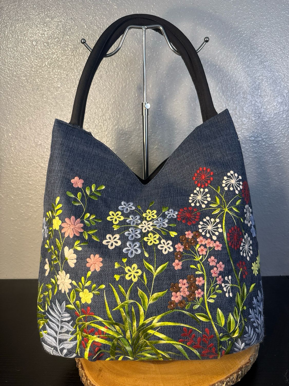 Unbranded Linen Like Denim Embroidered Floral Shoulder Bag New Without Tags