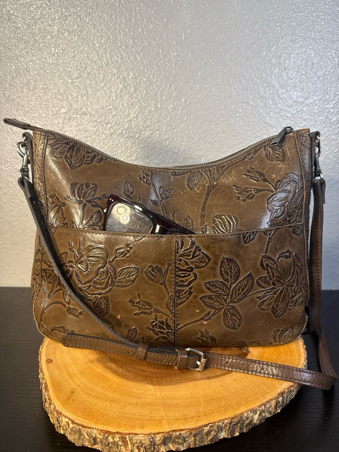 Patricia Nash Debossed TAUPE Floral  Leather Crossbody