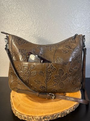 Patricia Nash Debossed TAUPE Floral  Leather Crossbody
