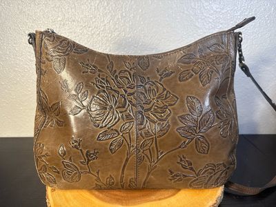 Patricia Nash Debossed TAUPE Floral  Leather Crossbody