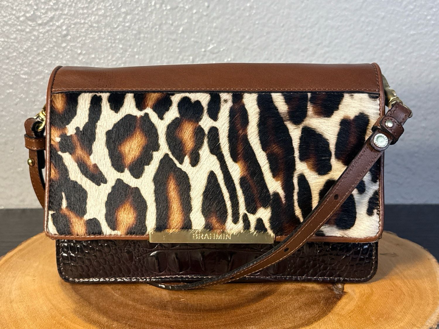 BRAHMIN Leopard Hair On Hide And Crock Embossed Leather Crossbody Ner Without Tags
