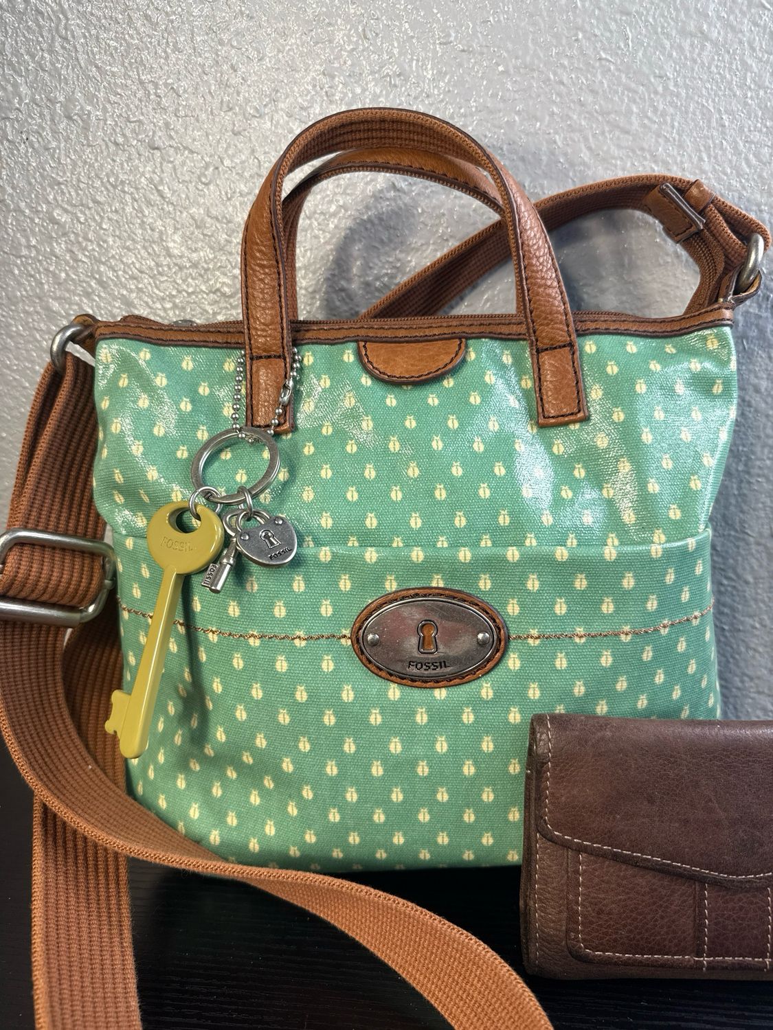 FOSSIL Vintage KEY-PER Mint Green Ladybug Crossbody Fossil Wallet Sold Separately
