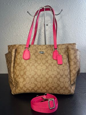 Coach Signature Large Tote, Satchel Coated Canvas And Pink Saffiano Leather Tote With Crossbody Strap New Without Tags Immaculate!