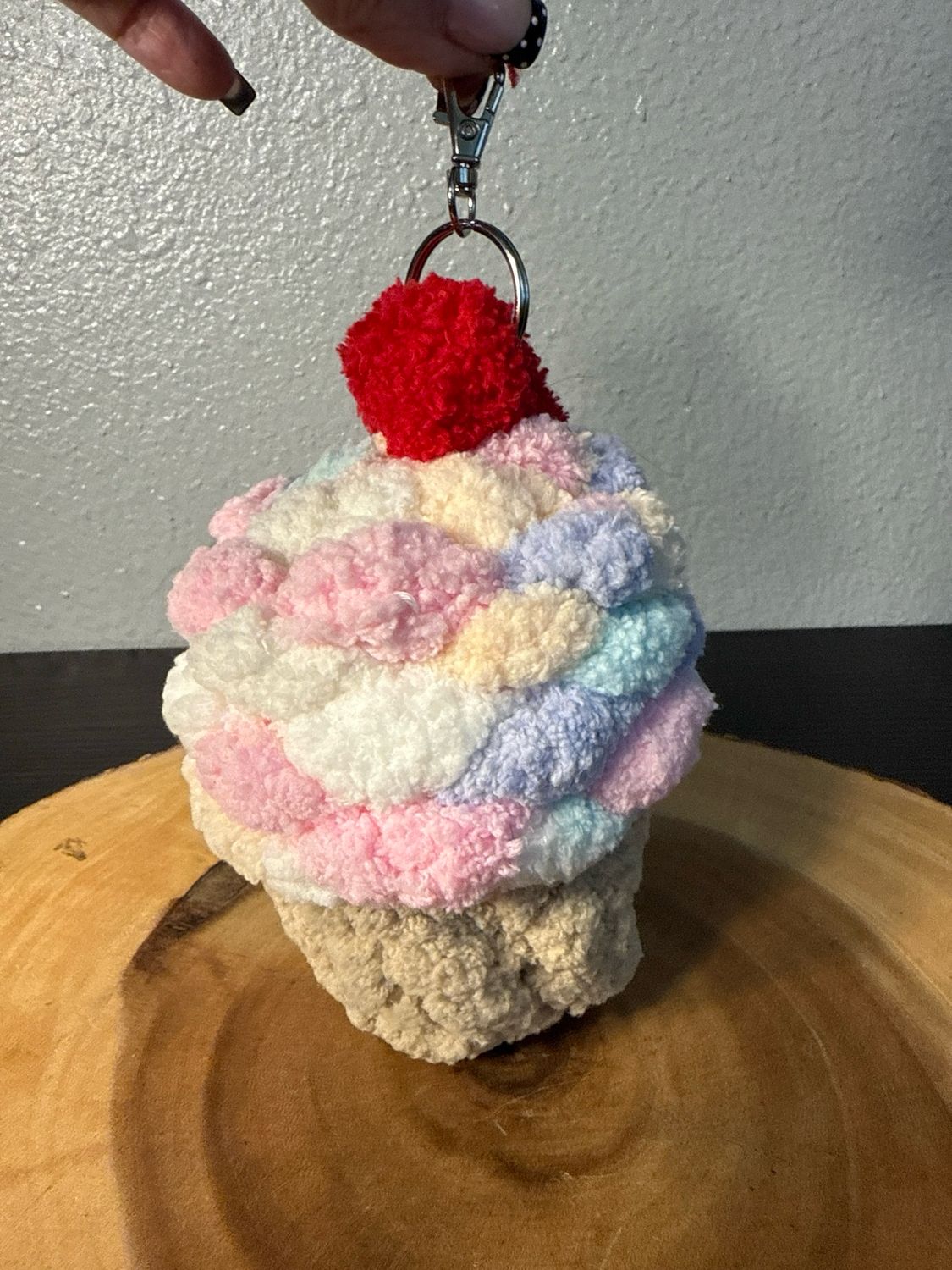 Handmade Crochet Ice Cream Cone With Cherry On Top Bag, Charm Keychain