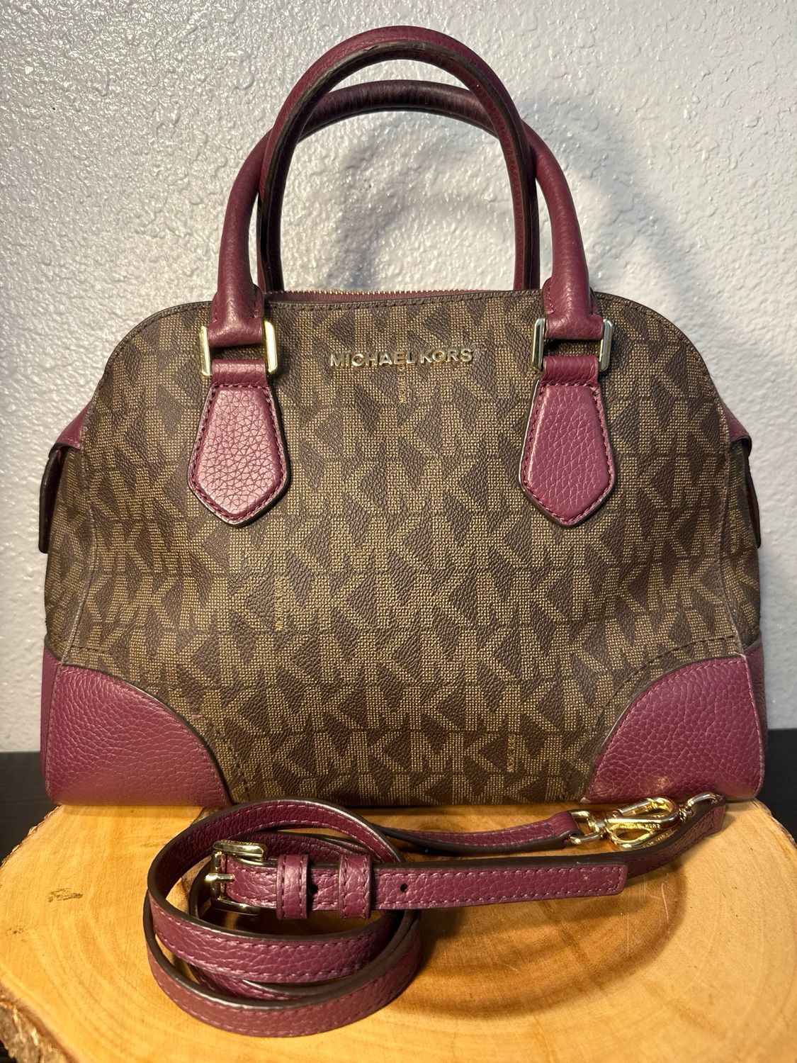 Michael Kors Brown Signature Satchel With Plum Pebbled Leather Trim