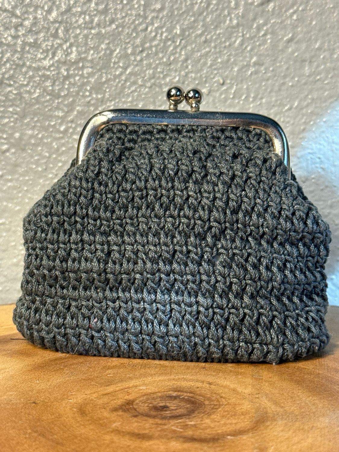 Vintage Grey Crochet Kiss, Lock Coin Purse