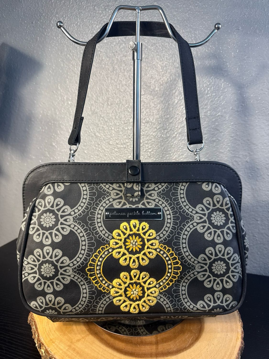Petunia Pickle Bottom, Black, Gray, And Embroidered Yellow Floral Shoulder Bag With Extras