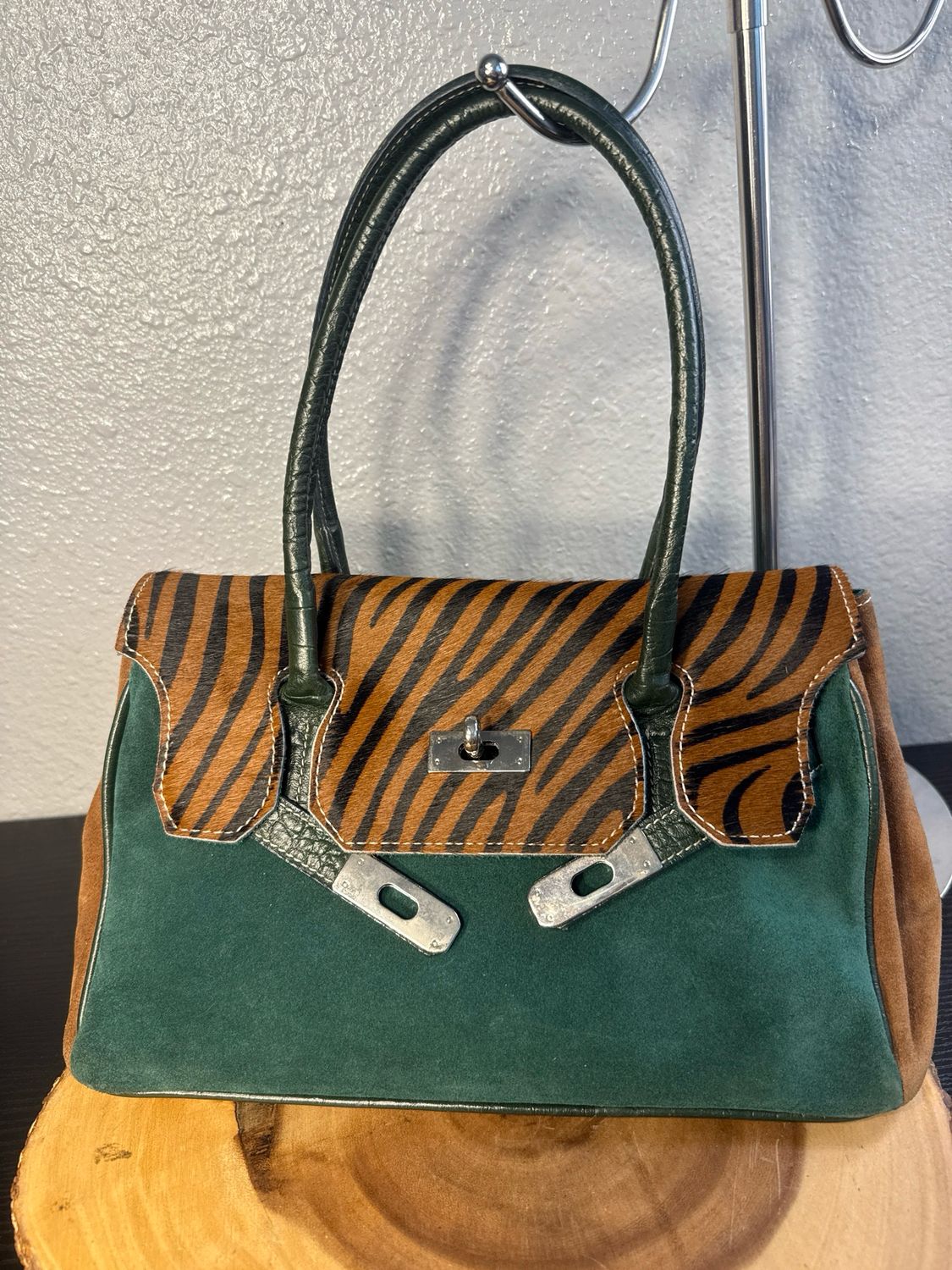 Birkin Style Emerald Green Suede With Zebra Striped Pony Hair, Shoulder Bag Like New