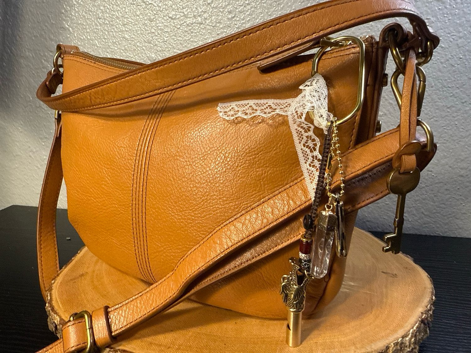 Fossil, Brown, Leather, Crossbody Or Hobo Bag self defense charm sold separately
