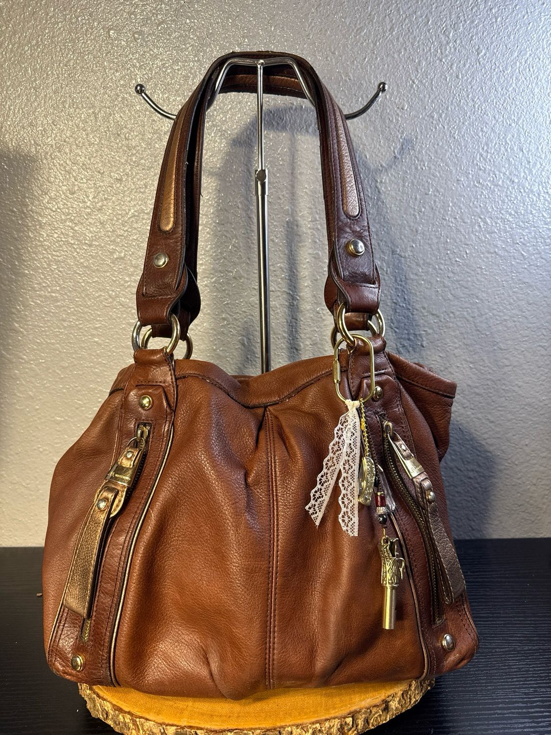 B. Makowski Brown Leather Tote self-defense, keychain bag charm sold separately