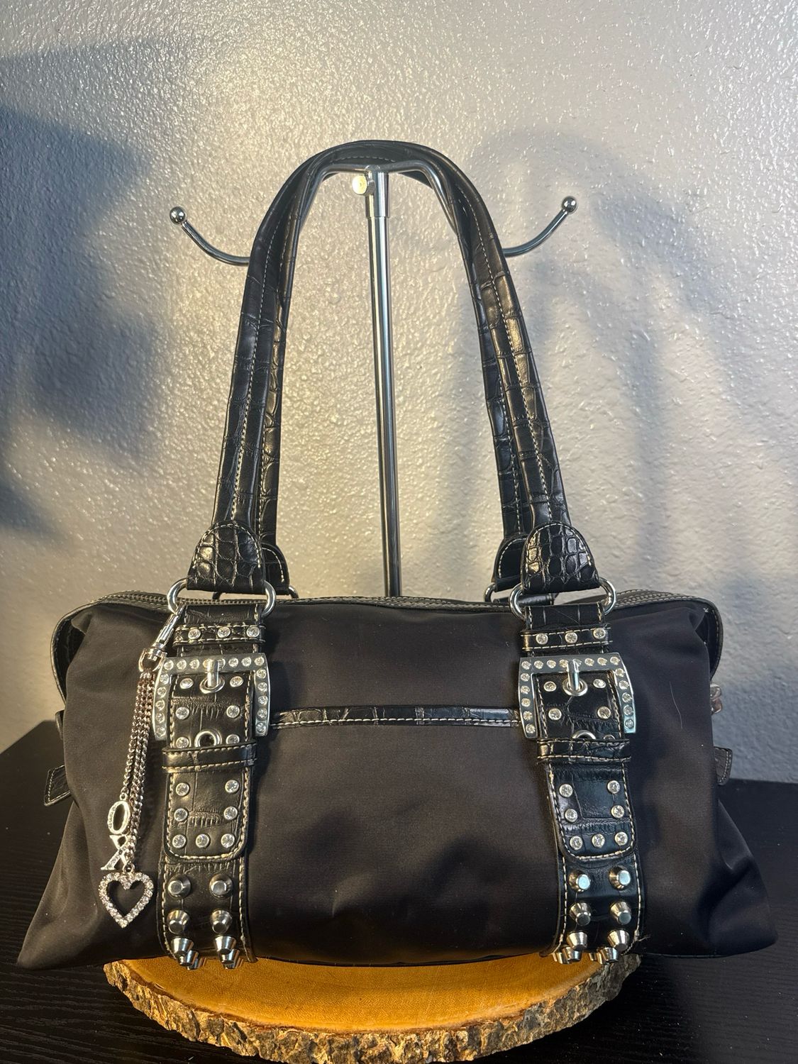 Kathy, Van Zeeland Vintage Black Nylon And Croc Faux Leather Studs, And Crystals East West Shoulder Bag Rare Find Like New