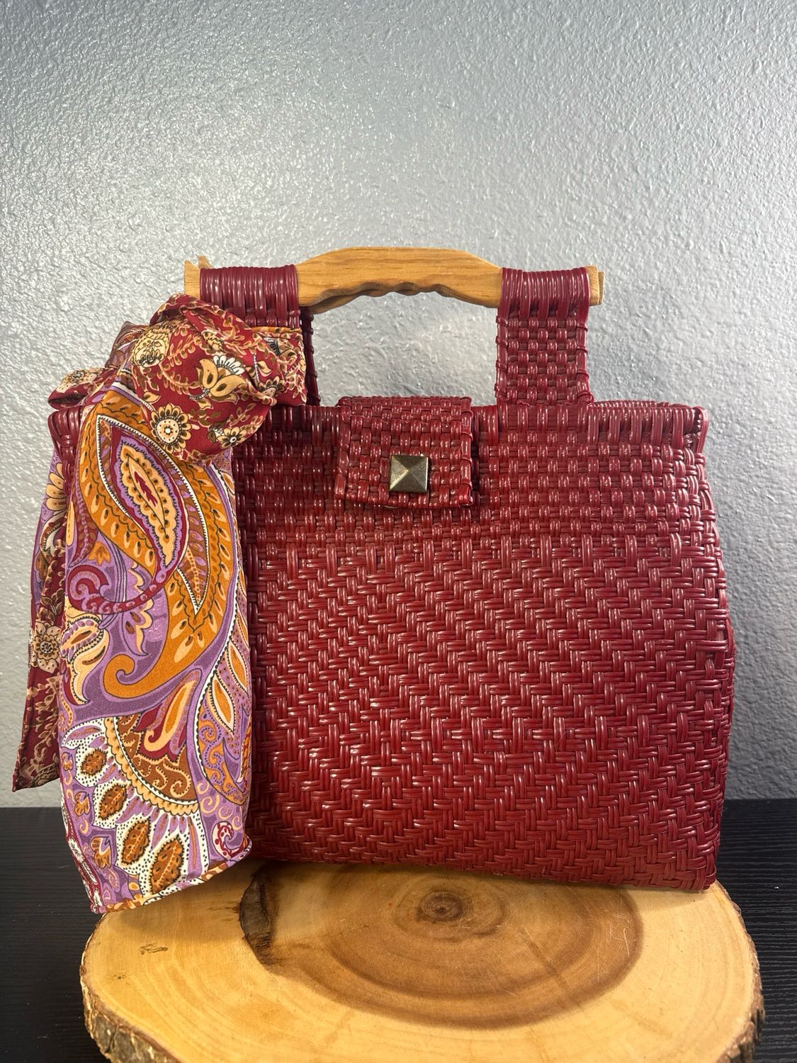 Unbranded Burgundy Woven Plastic With Wooden Handles Handbag Vintage with 100% silk scarf