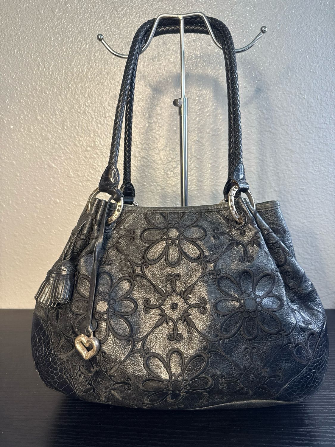 Brighton, Black Leather Floral Embroidered Shoulder Bag