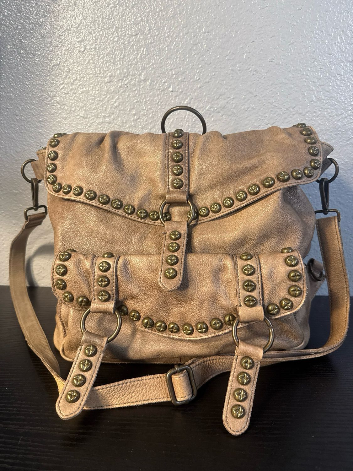 Free People, Taupe, Leather Bronze, Studded, Convertible, Crossbody, Or Backpack Purse