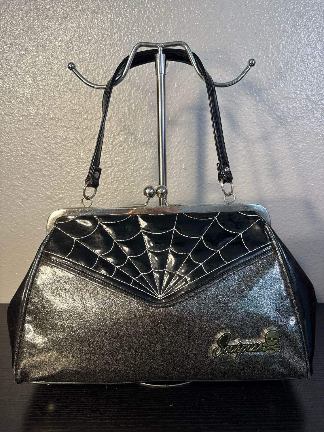 Sourpuss Black, Patent, Silver Glittery VeganLeather Framed Kiss Lock Bag
