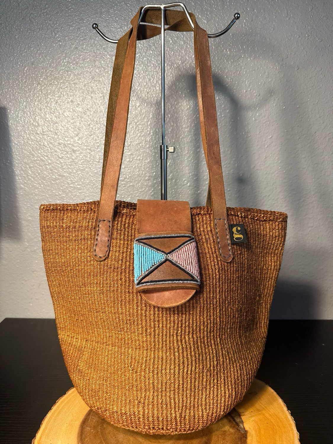 Jute Leather And Beads Tote Vintage Rare Find