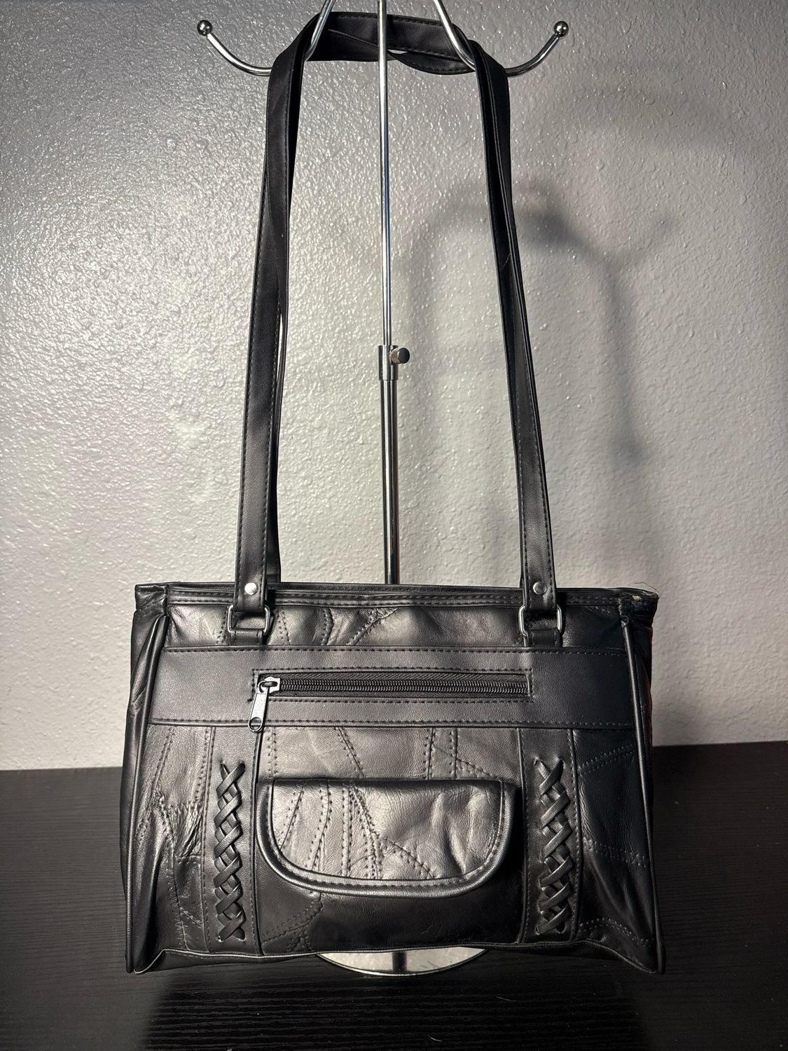 Vintage 1970S Black Leather Patchwork Tote Bag Condition New