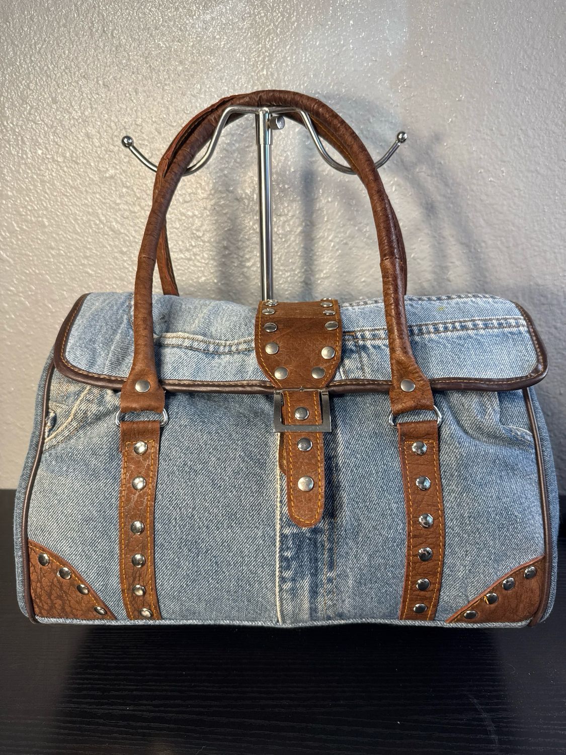 Hand And Heart, Denim And Brown Leather Studded Handbag Shoulder Bag