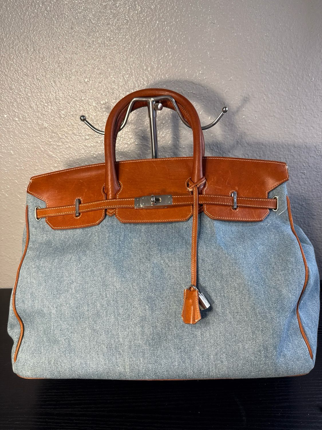 Aleda For Bloomingdale’s Denim And Genuine Leather Birkin Style Handbag