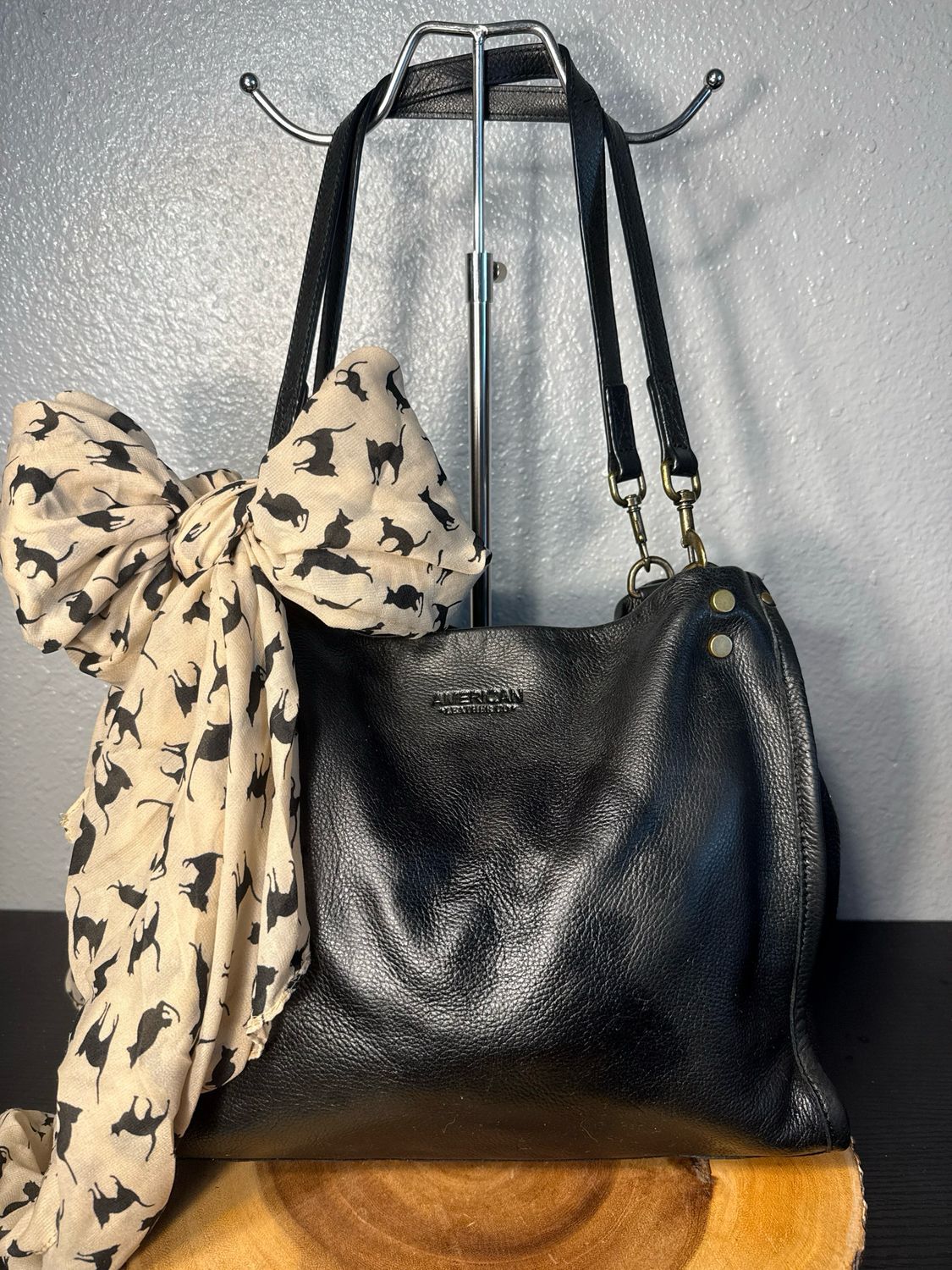 American Leather Company, Black Leather, Shoulder Bag And Kitty Cat Scarf Set