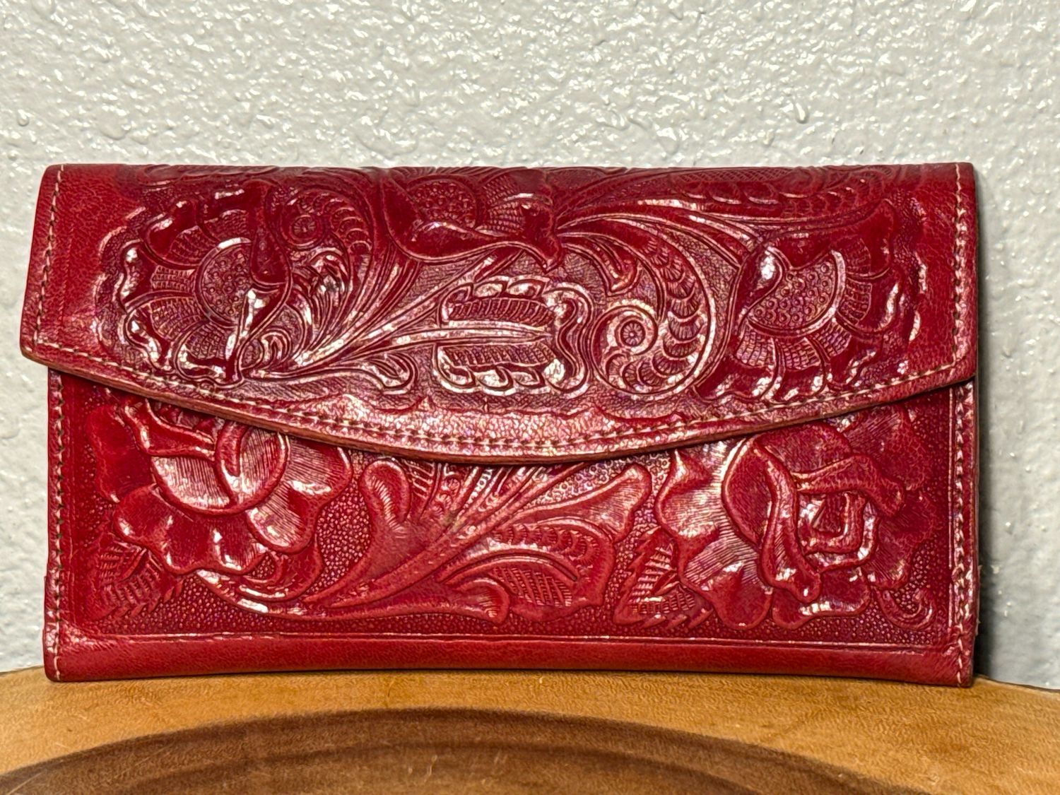 Artisan Crafted, Red Embossed, Leather Wallet With Mirror