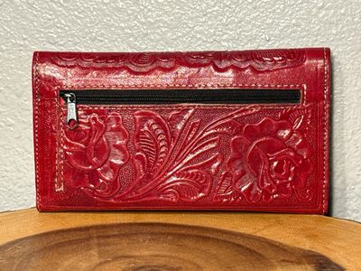 Artisan Crafted, Red Embossed, Leather Wallet With Mirror