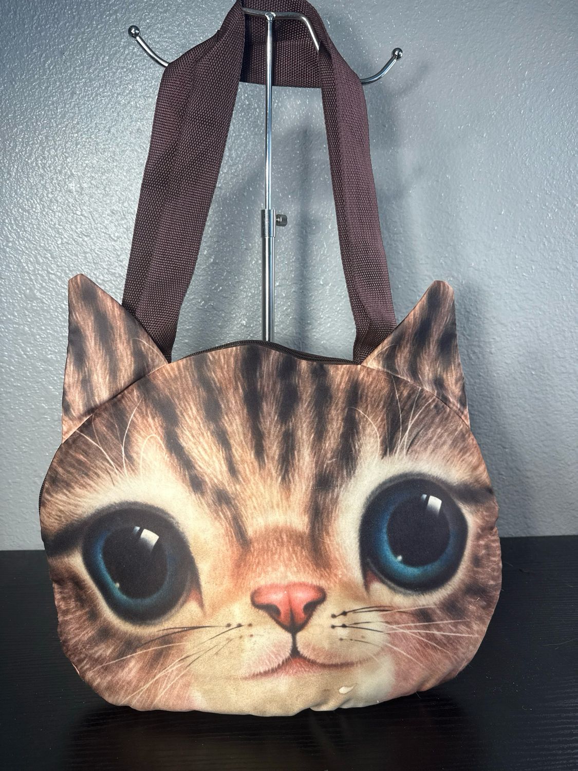 Kat Face Satin Nylon Shoulder Bag Zip Top