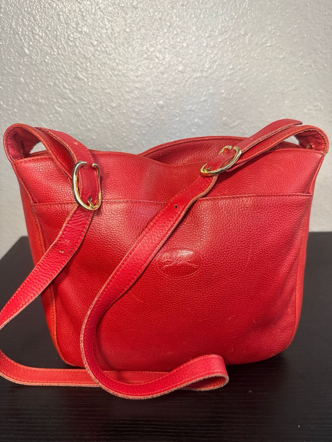 Longchamp Vintage Cherry, Red Pebbled Leather Crossbody Bag