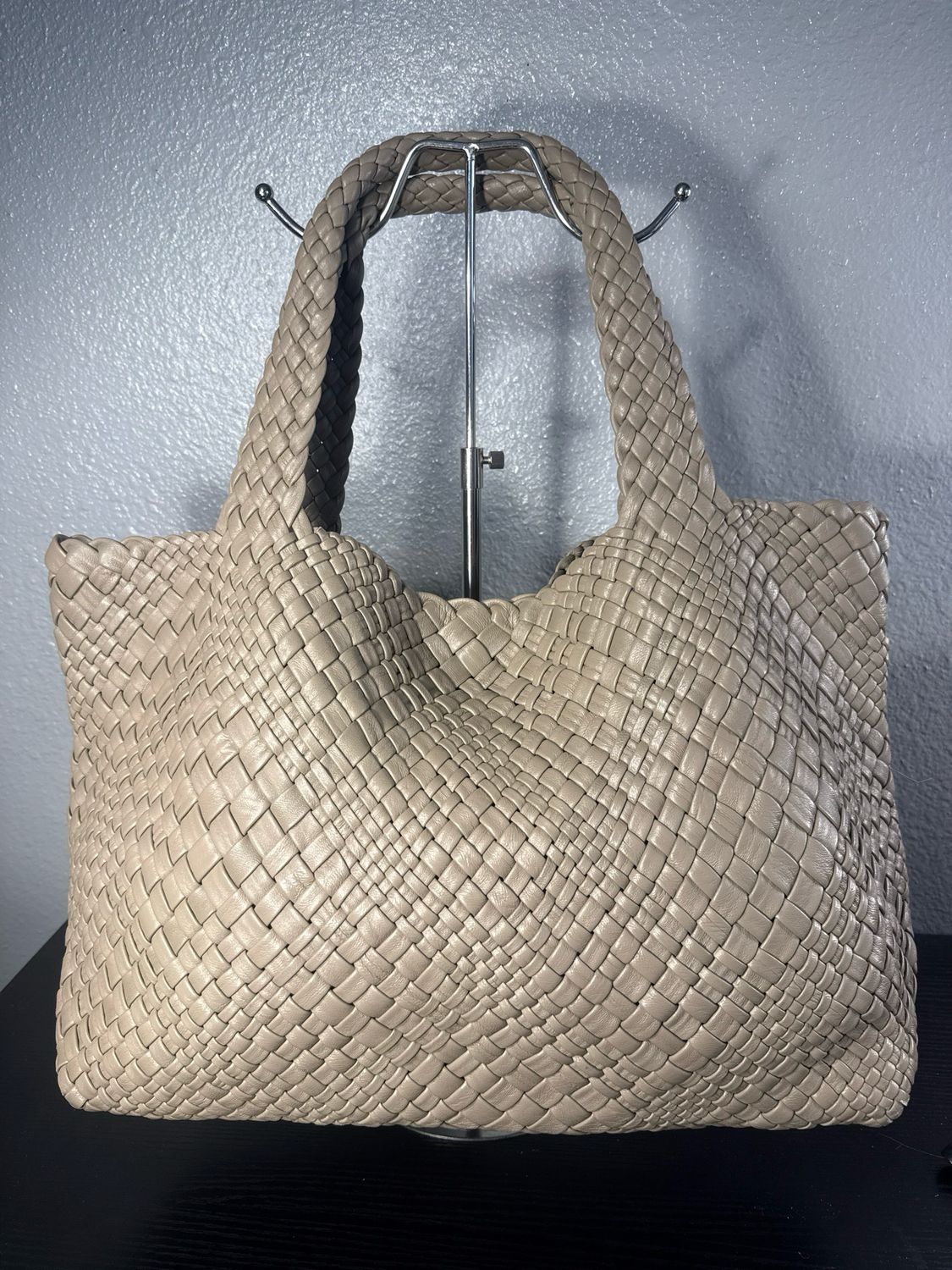 FALOR Italy Taupe Woven Leather East West Tote NWOT
