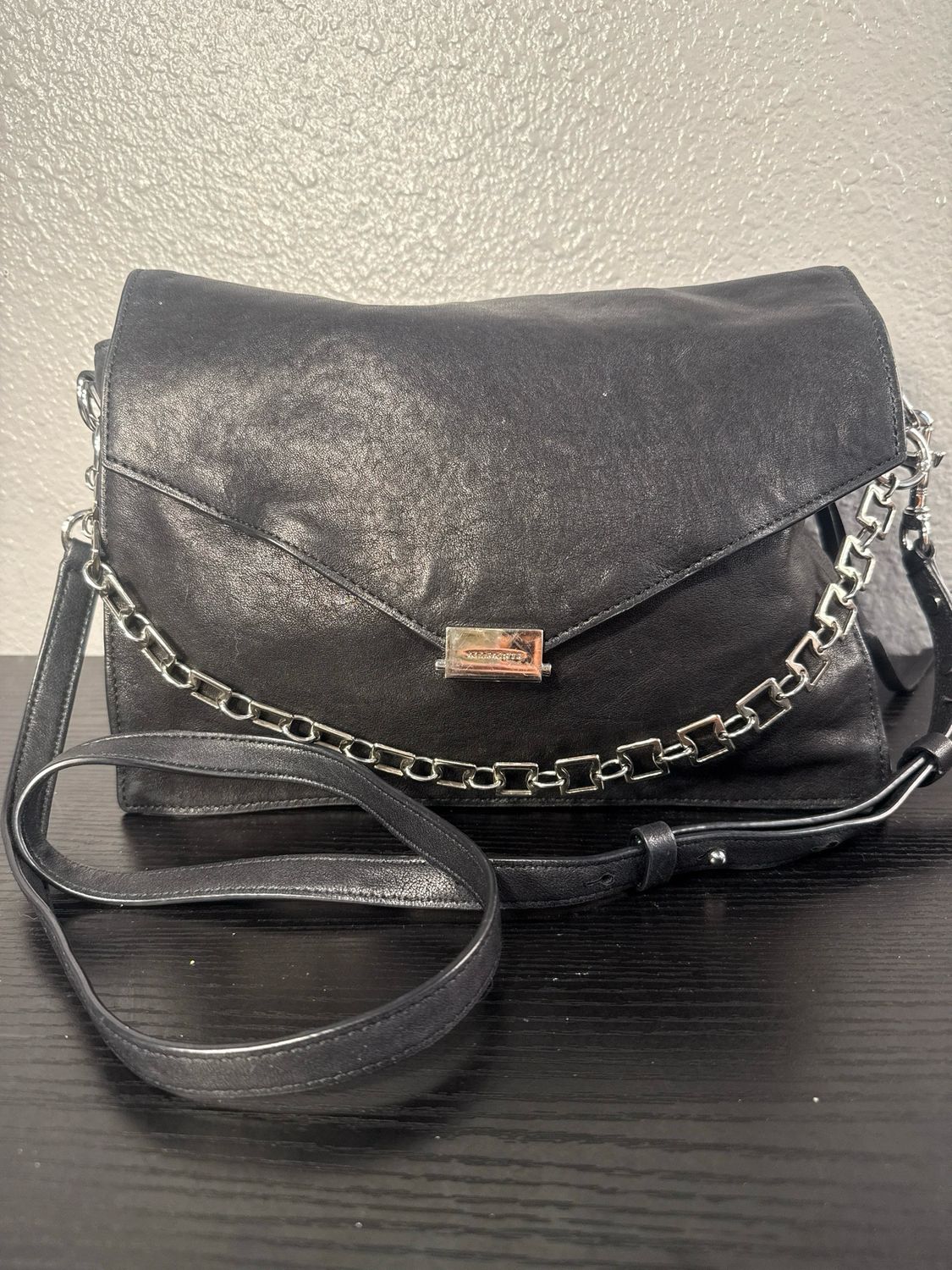 ALL SAINTS Black Leather Crossbody With Silver Hardware