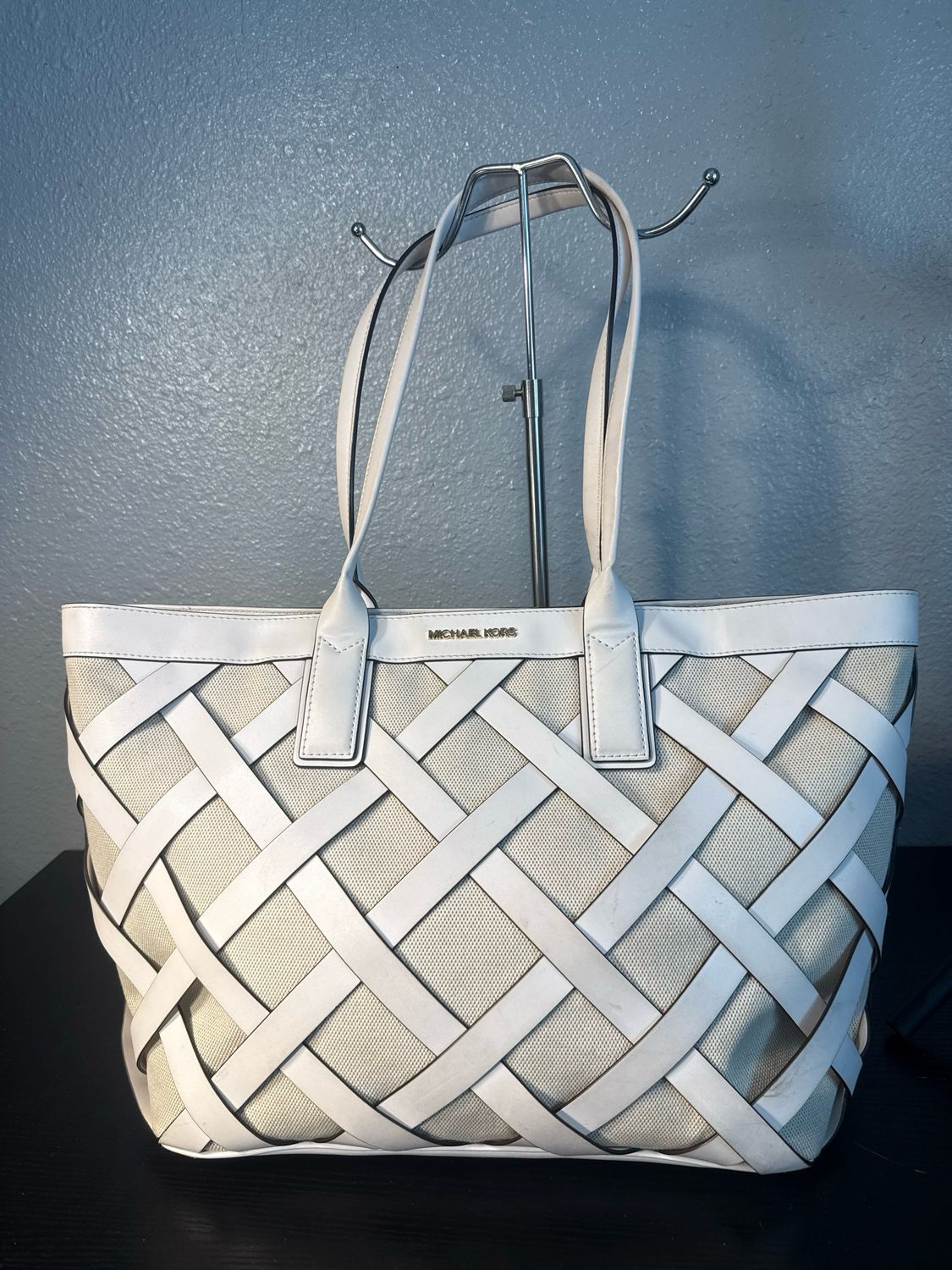 Michael Kors, Chalk, Leather Lattice And Linen Tote
