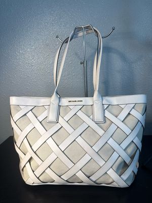 Michael Kors, Chalk, Leather Lattice And Linen Tote