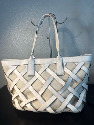Michael Kors, Chalk, Leather Lattice And Linen Tote
