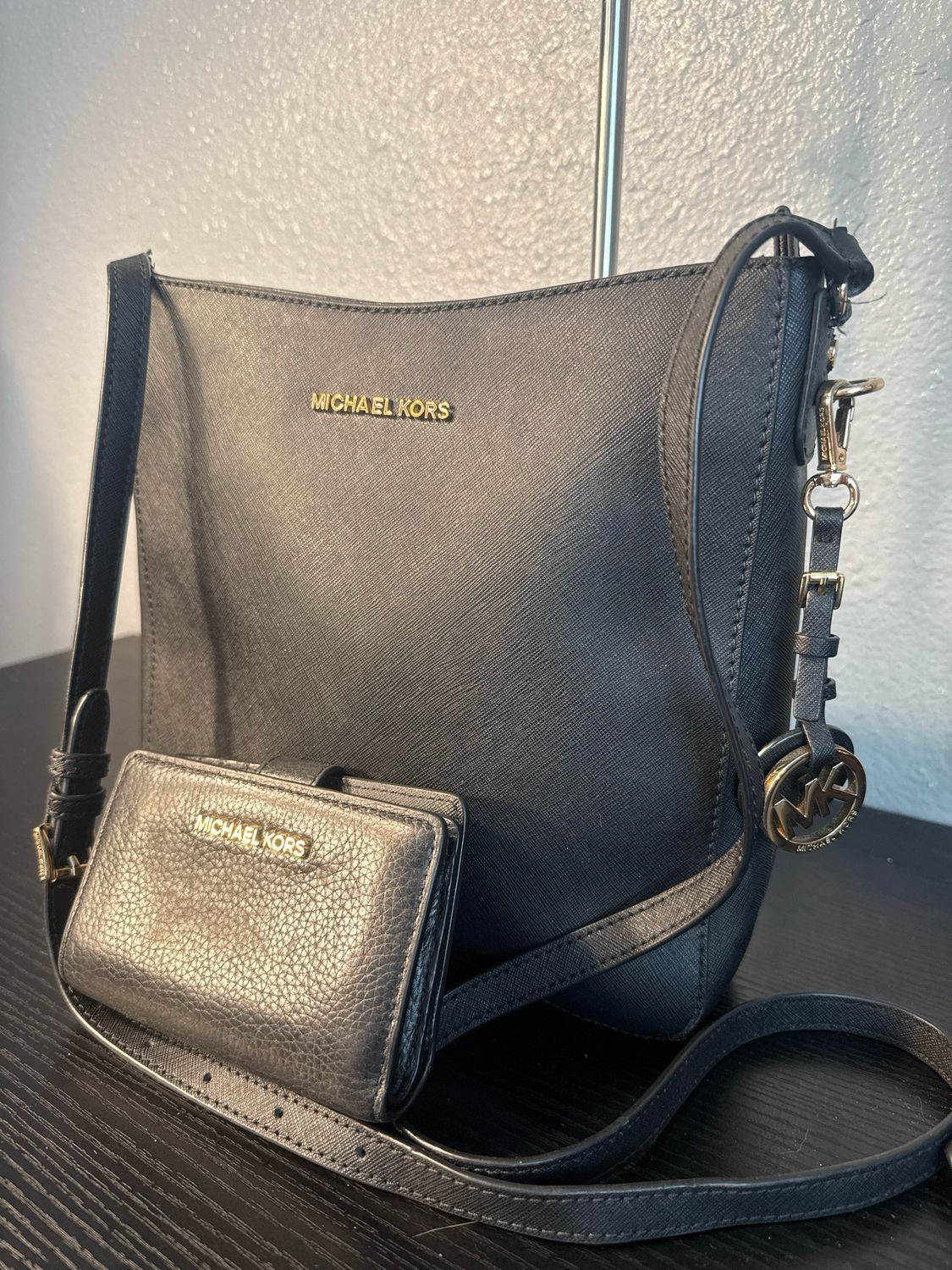 Michael Kors Black Saffiano Leather Crossbody Bag And Matching Michael Kors Black Pebbled Leather Wallet Set
