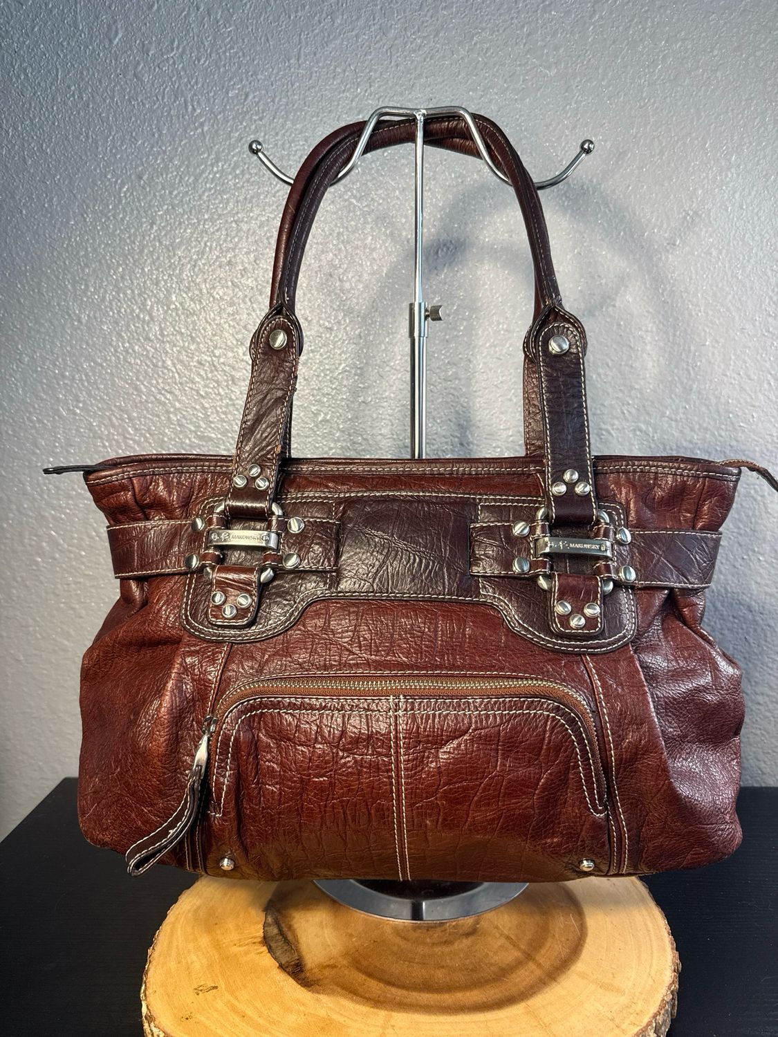 B. Makowski Brown, Croc, Embossed, Leather Shoulder Bag