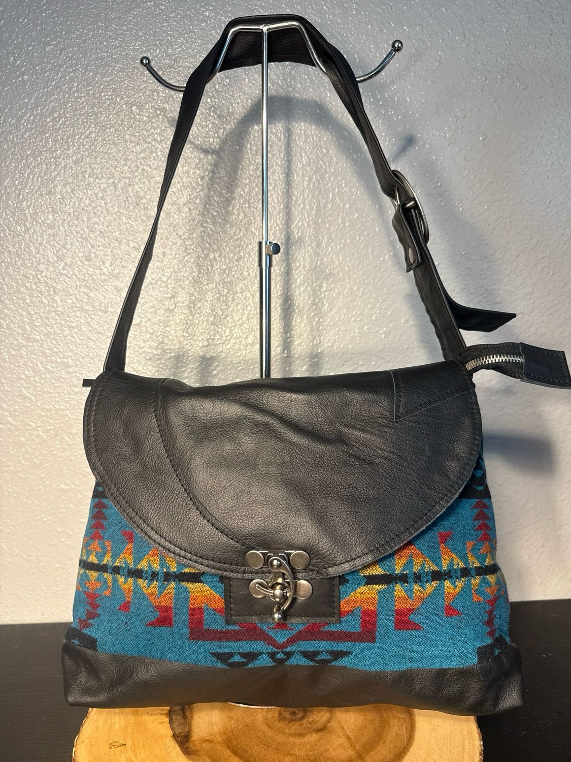 Handcrafted Black Leather With Turquoise Sarape Shoulder Bag New Without Tags