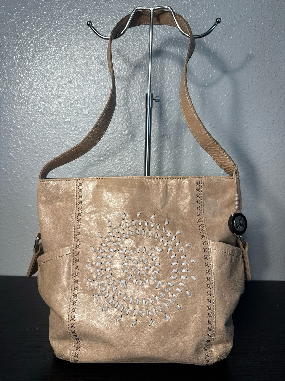 The Sak Taupe Leather Woven Mandela Shoulder Bag NWOT