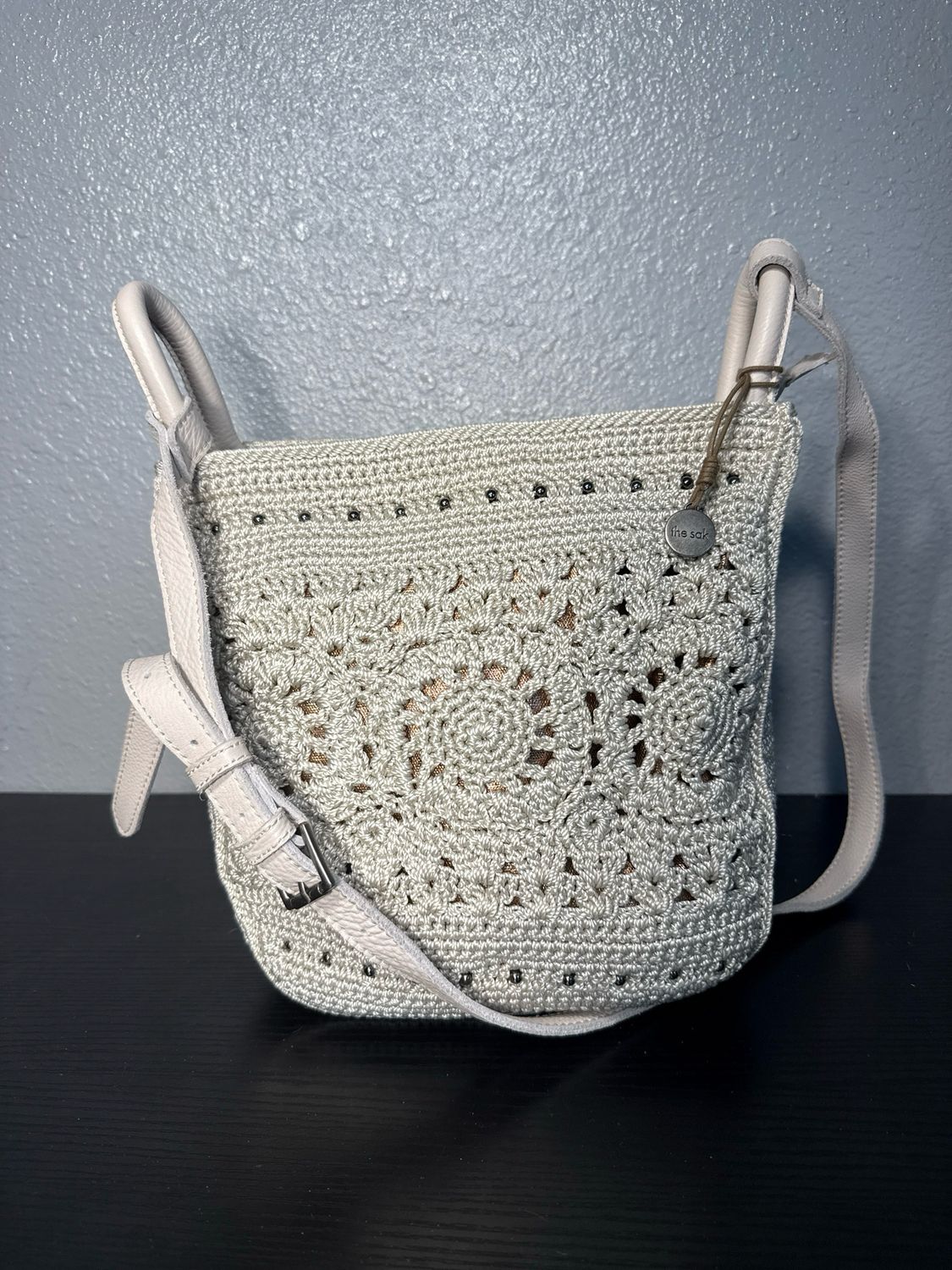 The SAK Sequoia Chalk Crochet And Leather/Bronze Leather Inlay Silver Studded Crossbody aNWOT