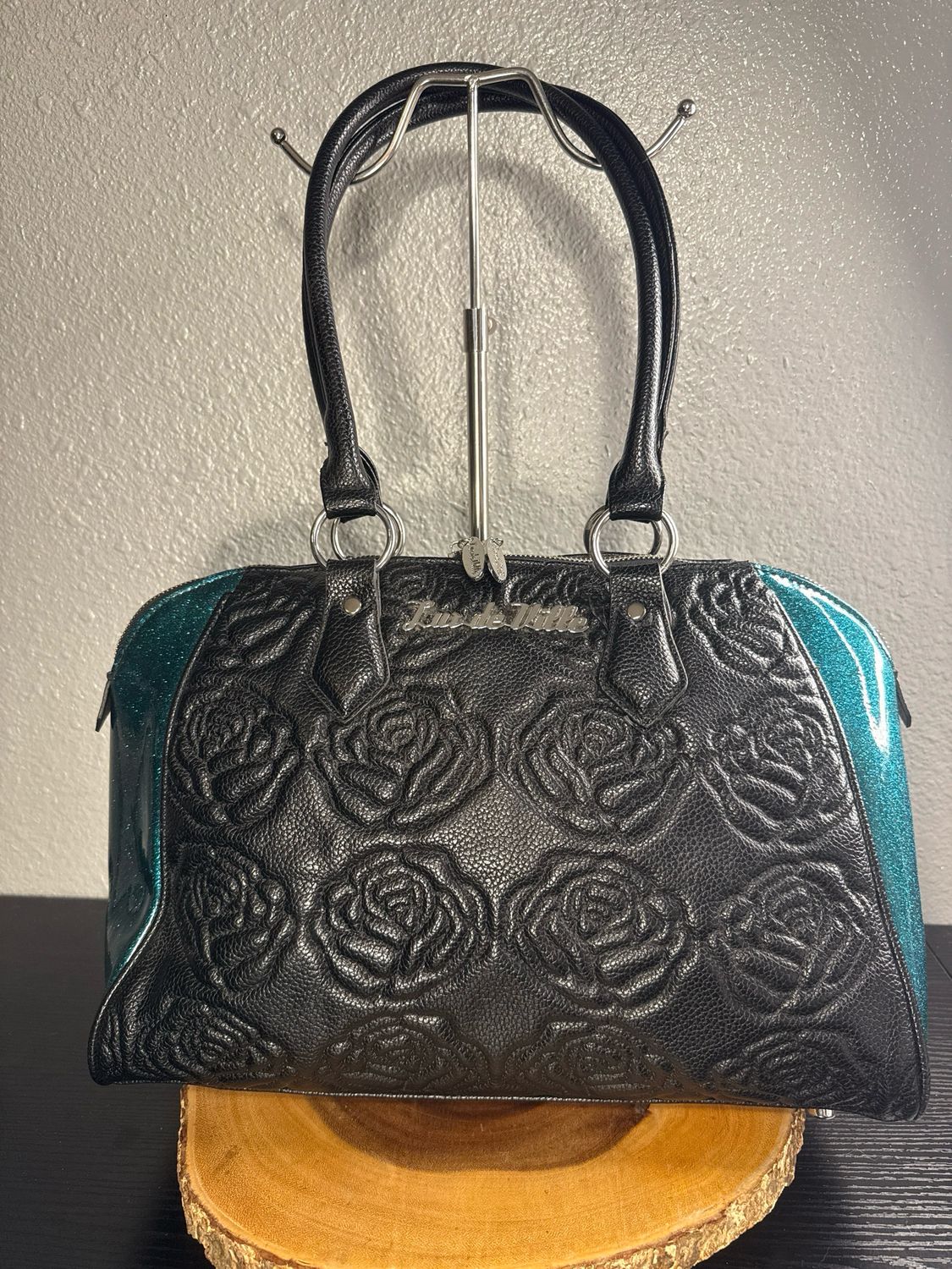 Lux De Ville Black RoseDebossed, Peacock Color Glitter, Shoulder Bag Like New