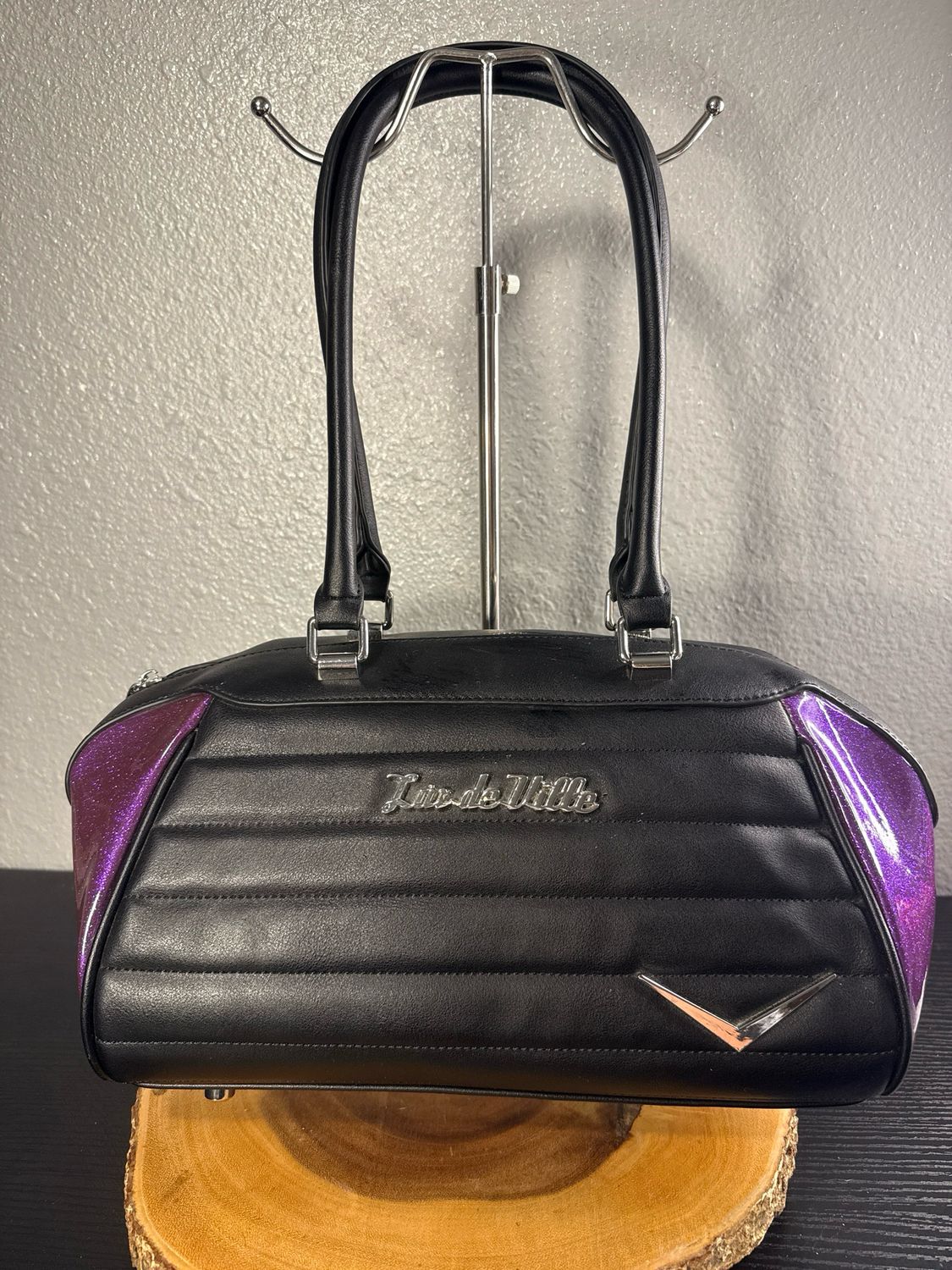 Lux De Ville Black Vegan Leather With Purple Glitter Shoulder Bag