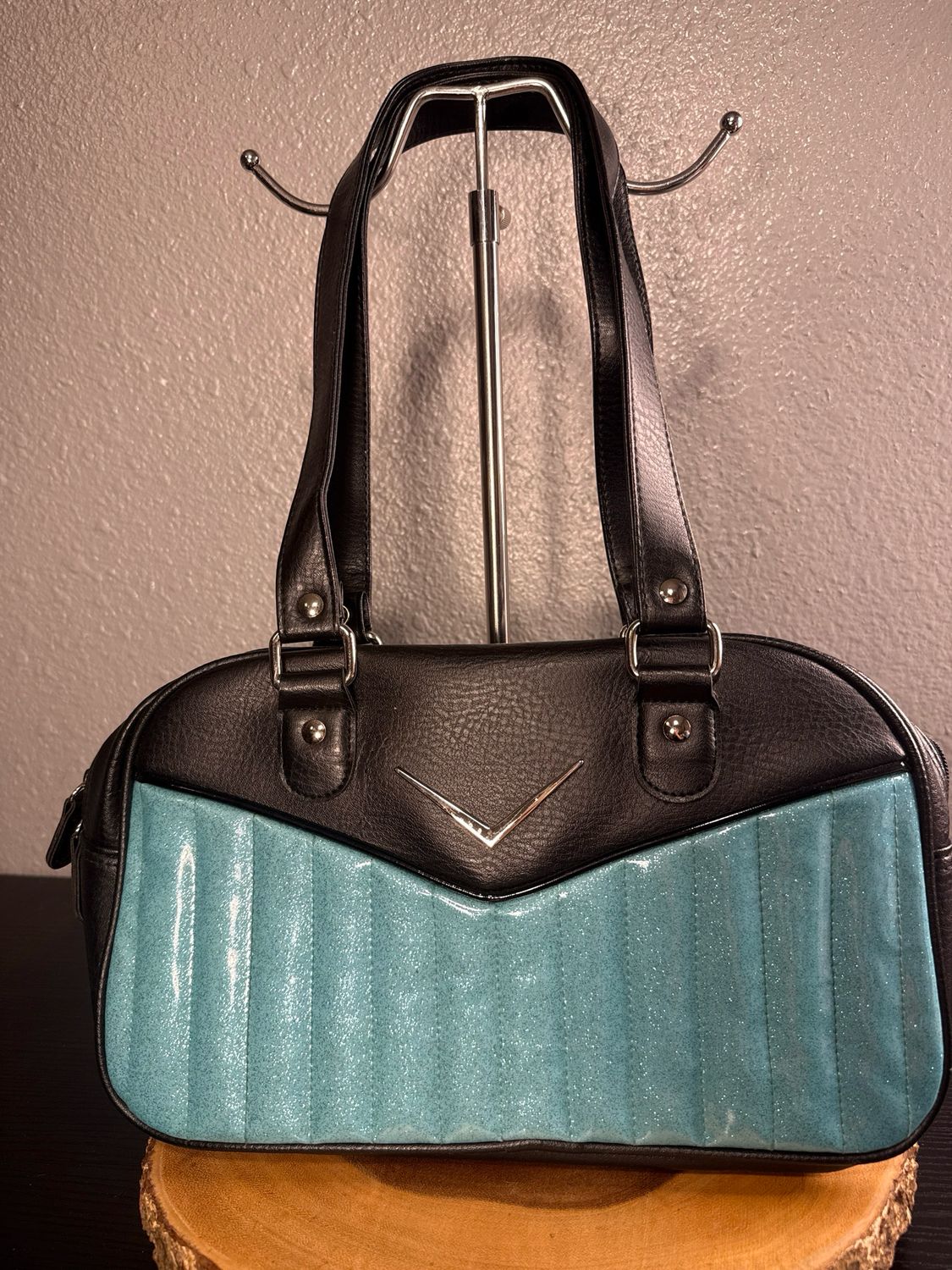 Liquor Brand Vegan Leather Shoulder Bag With Tiffany, Blue Glitter New Condition