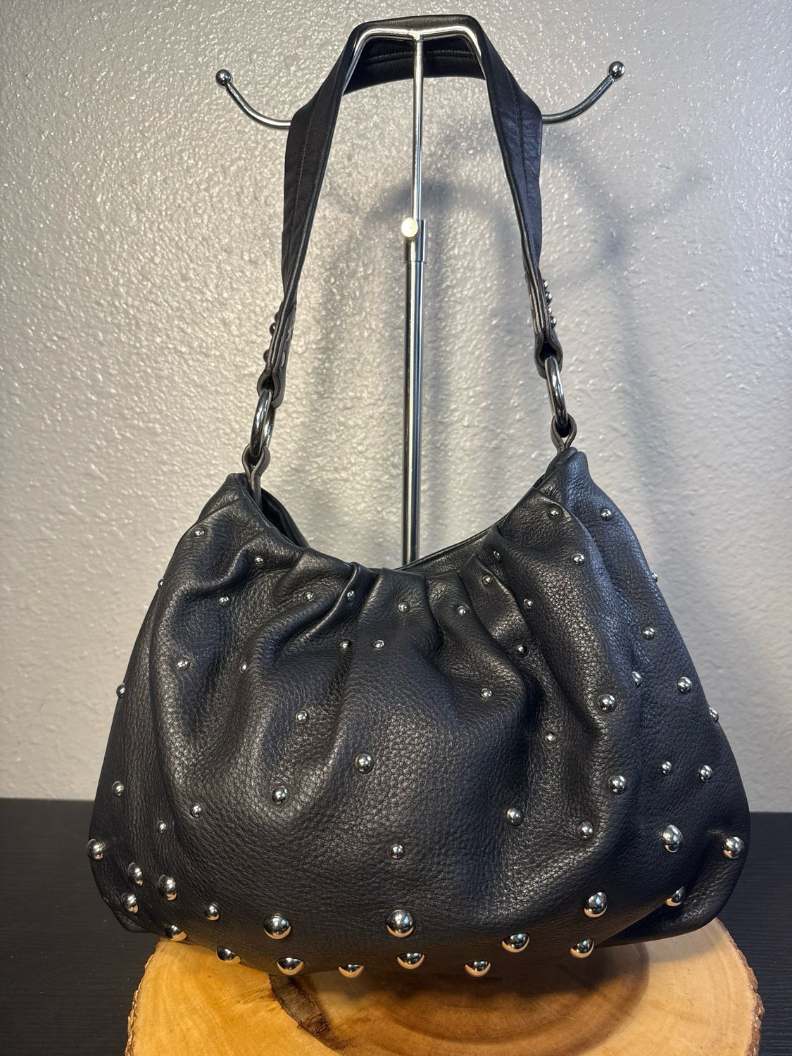B. Makowski Black Leather Silver Studded Hobo NWOT