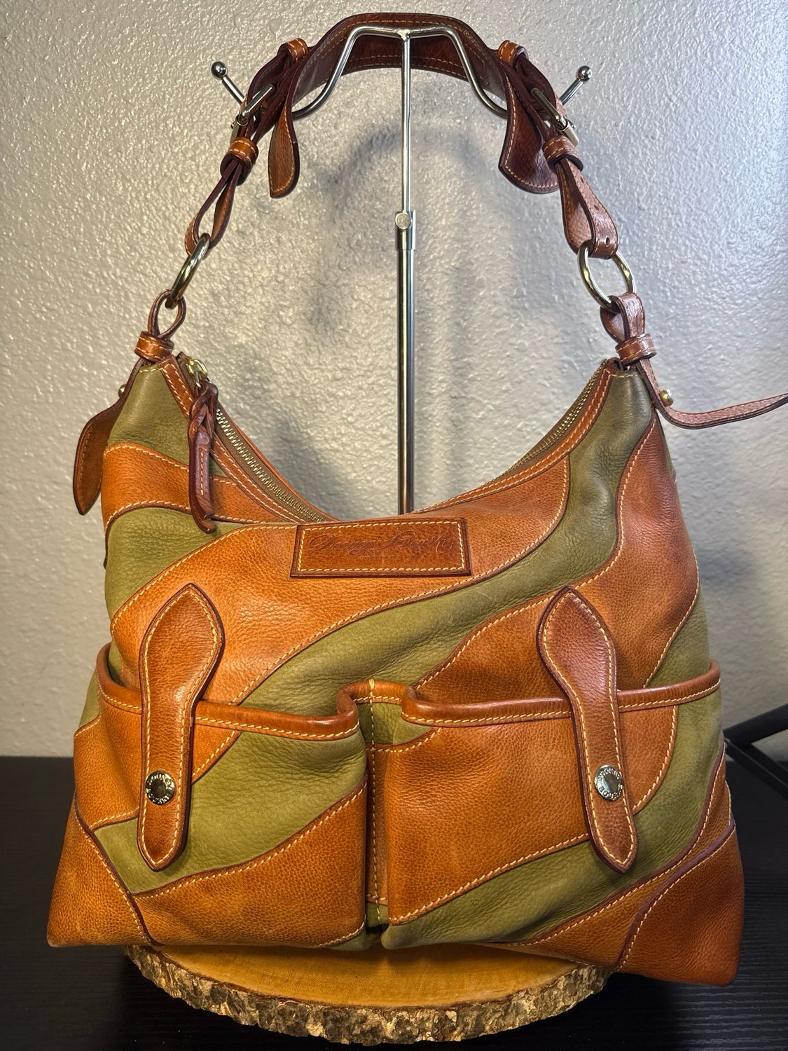 Dooney &amp; Bourke, Olive Green Nubuck, And Brown Pebbled, Leather Wave Hobo Bag