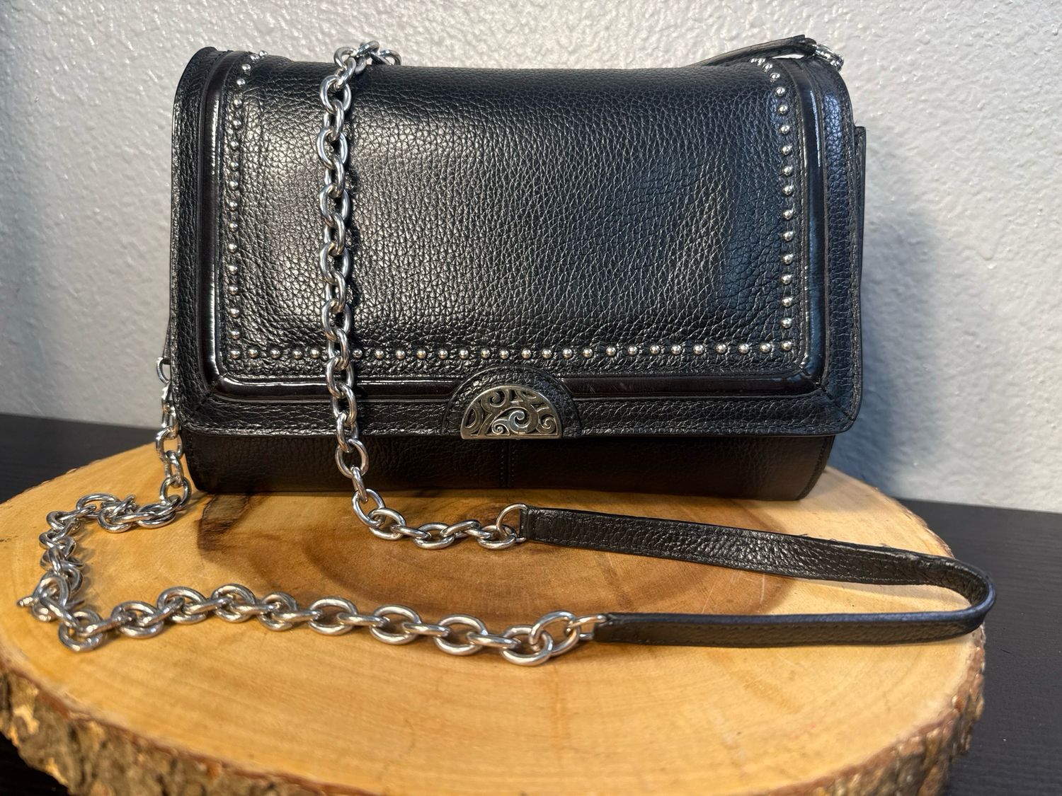 Brighton, Black Leather, Silver Micro Ted Chain Crossbody Bag With Wallet Insert New Without Tags