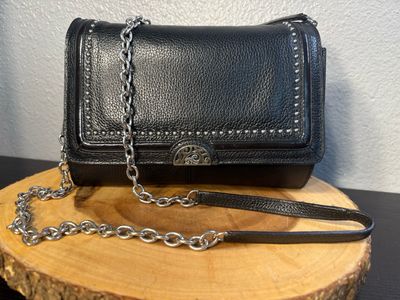 Brighton, Black Leather, Silver Micro Ted Chain Crossbody Bag With Wallet Insert New Without Tags