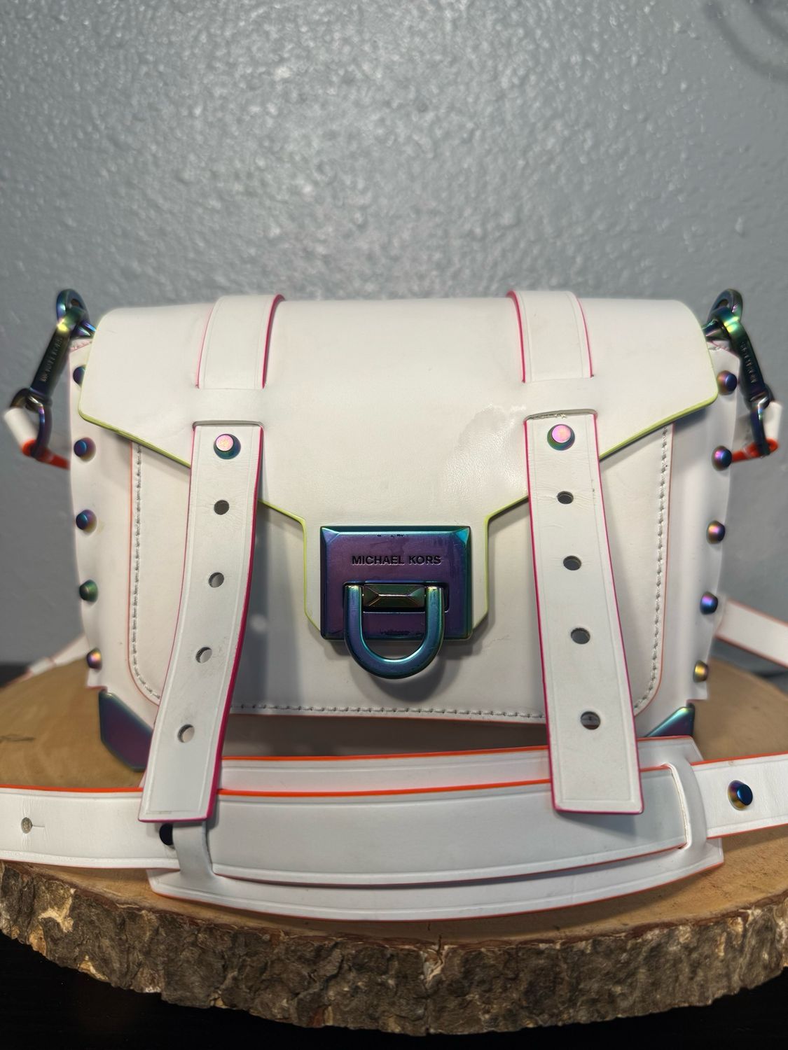 Michael Kors Manhattan White Leather With Oil Slick Hardware Crossbody