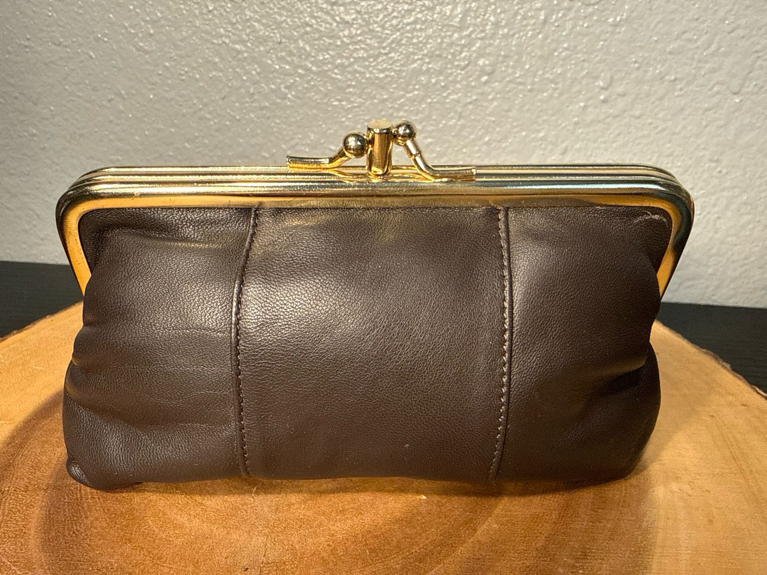 Unbranded, Dark Brown, Leather Double Kiss Lock Vintage Wallet